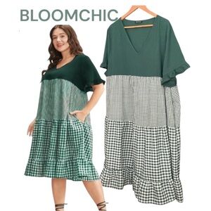 22-24 BLOOMCHIC V-neck Cotton Blend Ruffles Gingham Dress